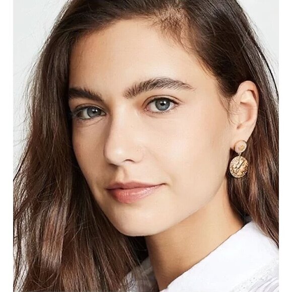 Tory Burch Mother of Pearl Logo Coin Medallion Drop Earrings Pink/Tory Gold OS - Picture 3 of 12